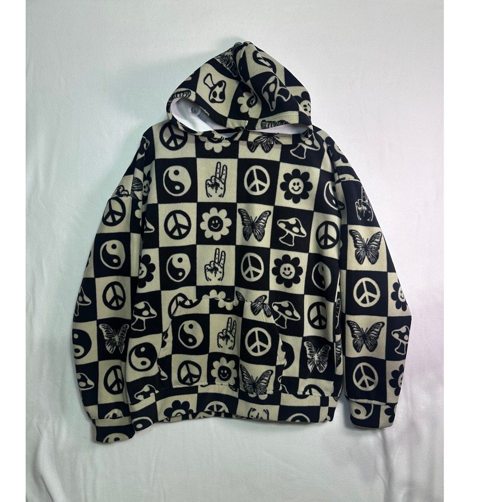 PacoSun‎ Black Beige Checkerboard Yin Yang Butterfly Peace Sign Fleece Hoodie MD